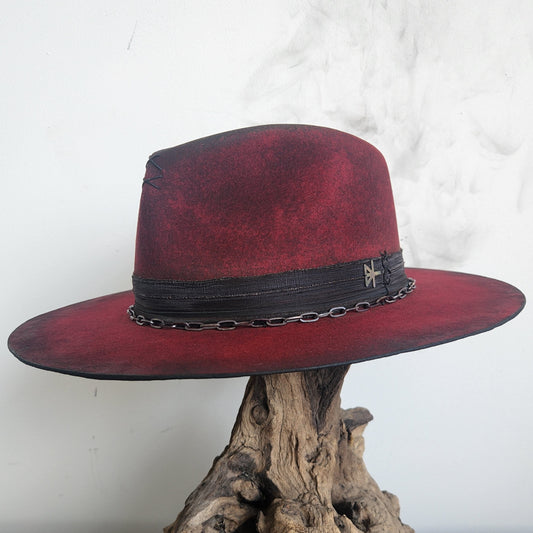 Distressed Red and Black Acid-wash Premium Wool Felt Fedora Hat