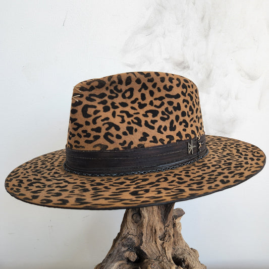 Lightly Distressed Leopard Print Premium Wool Felt Fedora Hat