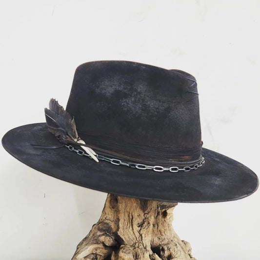 Distressed Premium Black Acid Wash Fur Felt Fedora Hat