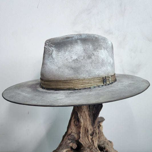 Distressed Grey and White Acid-wash Premium Wool Felt Fedora Hat