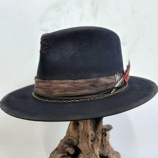 Lightly Distressed Premium Navy Fur Felt Fedora Hat