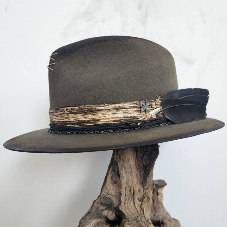 Distressed Premium Olive Green Fur Felt Fedora Hat