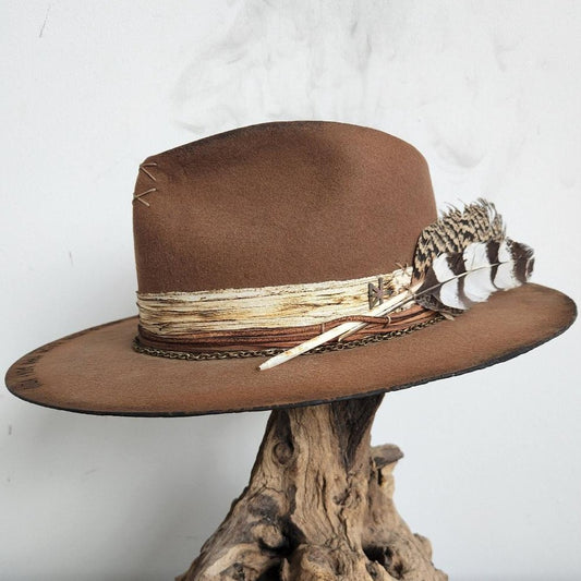 Lightly Distressed tan Wool Felt Fedora Hat