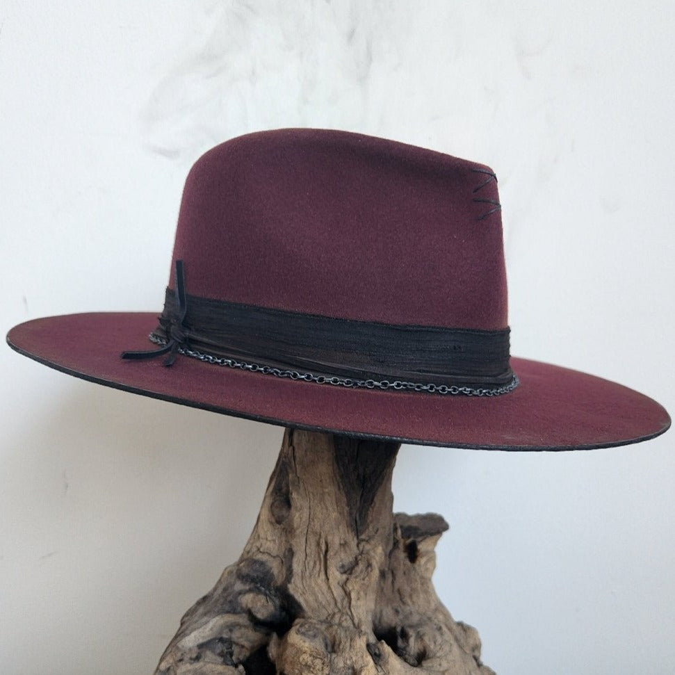 Lightly Distressed Burgundy Wool Felt Fedora Hat