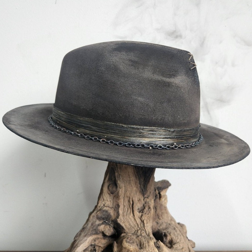 Distressed Premium brown and white acid wash fur felt fedora Hat