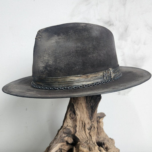 Distressed Premium brown and white acid wash fur felt fedora Hat