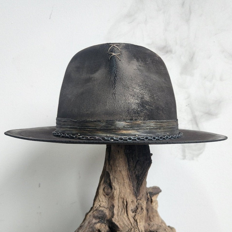 Distressed Premium brown and white acid wash fur felt fedora Hat